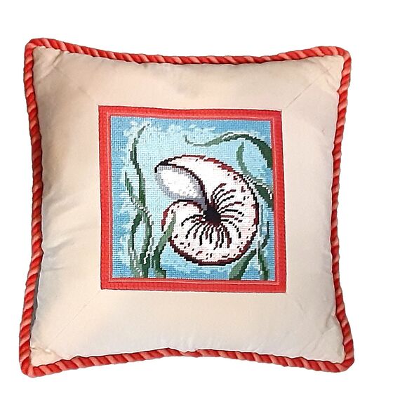 Handmade cross stitch nautilus pillow with insert Ocean Nautical Coastal Sea - Picture 1 of 4